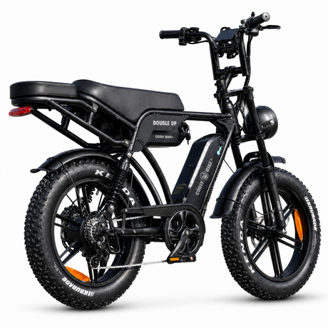Black electric bike with 'Double Up' branding on a white background