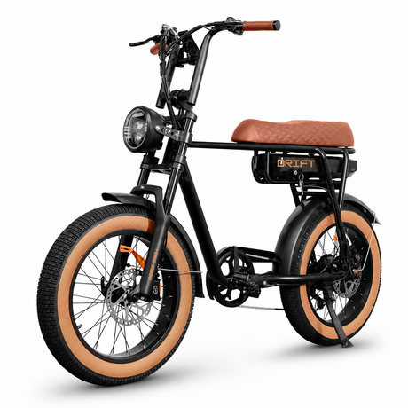 Black electric bike with brown seat and tires on a white background