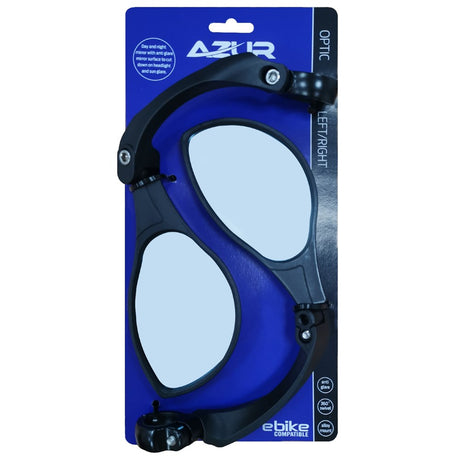 A pair of AZUR Optic MFT/Right bicycle sunglasses with light blue lenses and black frames, mounted on a blue and black retail blister card with 'ebike company' branding.