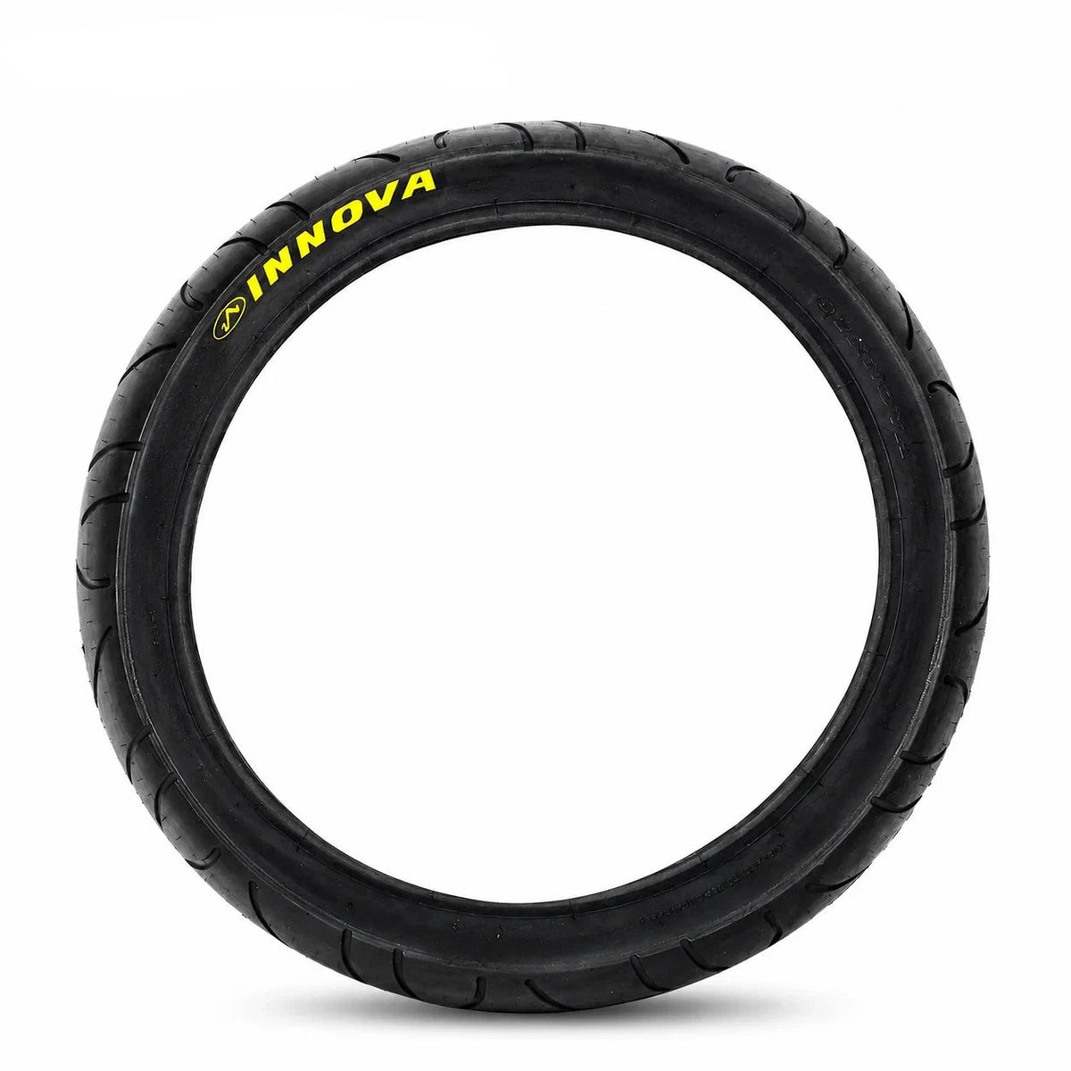 A black rubber motorcycle or bicycle tire with yellow 'INNOVA' branding on the sidewall, shown against a plain white background with a blue INNOVA logo at the top left.