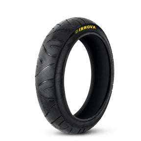 A black Innova motorcycle tire, model IA-5189, shown at a three-quarter angle on a white background with blue and yellow text overlays.