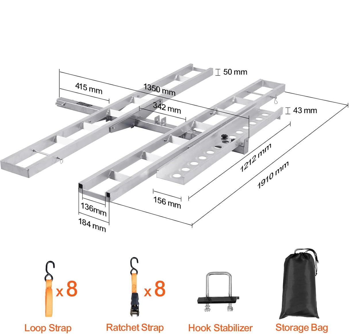 Silver metal ebike carrier with dimension annotations, shown on a white background with included accessories: loop straps, ratchet straps, a hook stabilizer, and a black storage bag. VEVOR logo appears in the top left.
