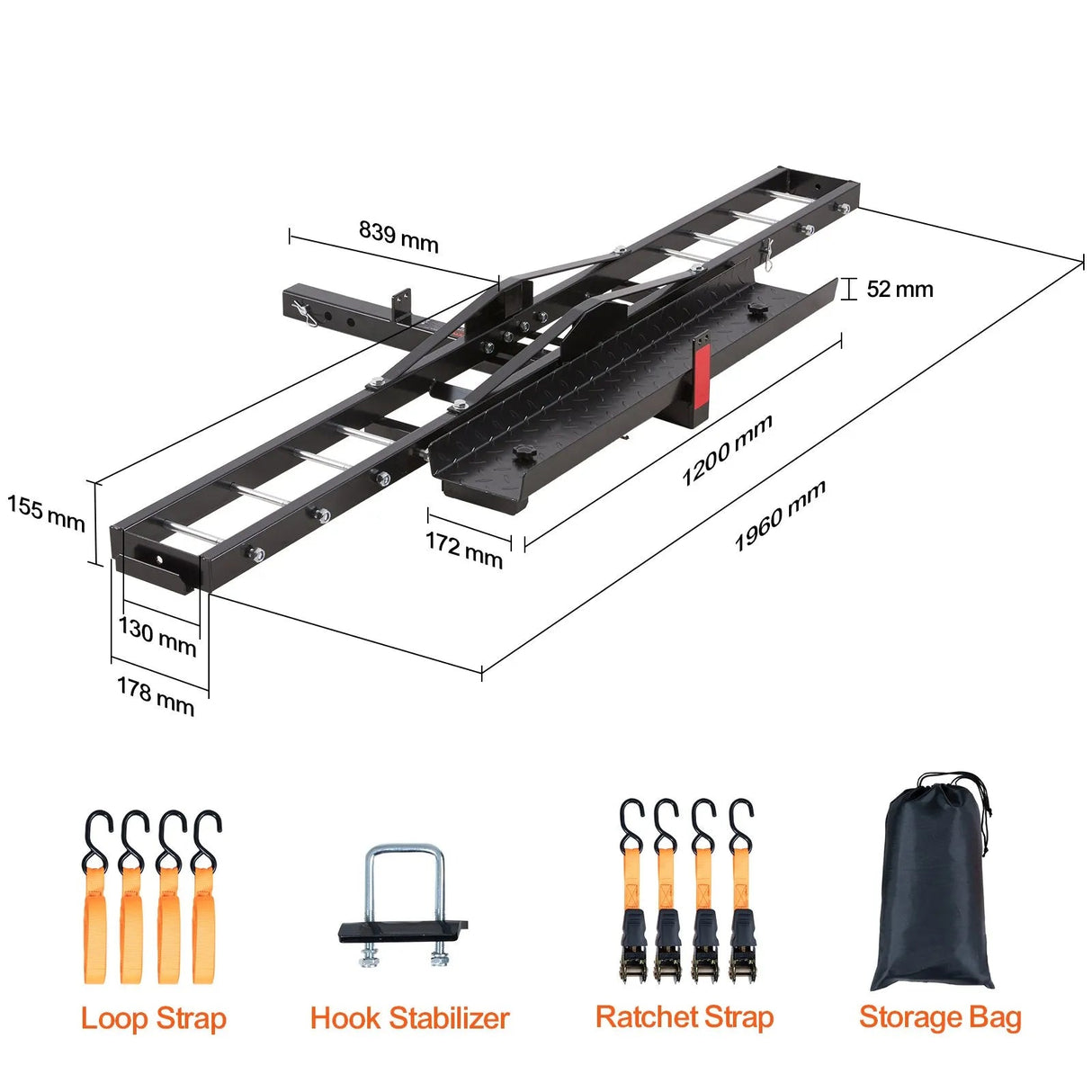 single ebike carrier, including dimensions and accessories.